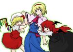  :d :o ^_^ alice_margatroid bat_wings blonde_hair blue_eyes closed_eyes fang flandre_scarlet hairband hat head_wings human_tug_of_war koakuma long_hair lysander_z multiple_girls open_mouth red_eyes red_hair short_hair smile sweatdrop touhou tug_of_war v-shaped_eyebrows vampire wings 