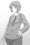  asakura_ryou genderswap genderswap_(ftm) greyscale kita_high_school_uniform male_focus monochrome school_uniform solo suzumiya_haruhi_no_yuuutsu tokyo_(great_akuta) 