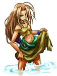  ahoge akogi arc_the_lad arc_the_lad_ii brown_hair dress green_eyes long_hair low-tied_long_hair lowres midriff navel sania_(arc_the_lad) solo wading water yellow_dress 
