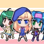  artist_request blonde_hair blue_eyes blush chibi dancing earrings green_eyes green_hair jewelry klan_klein long_hair macross macross_frontier multiple_girls ranka_lee sheryl_nome short_hair smile 