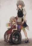  bad_id bad_pixiv_id black_sclera crazy_eyes flandre_scarlet hair_ribbon hat highres injury izayoi_sakuya madokan_suzuki maid multiple_girls red_eyes ribbon short_hair silver_hair sketch socks touhou wheelchair wings 