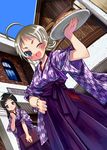  :d ahoge bashamichi black_hair blue_eyes day dutch_angle food hakama hand_on_hip japanese_clothes kazuki_kiyoto multiple_girls one_eye_closed open_mouth original outdoors pasta plate purple_hakama silver_hair smile spaghetti tasuki waitress yagasuri 