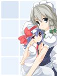  apron blue_dress braid carrying dress hat height_difference izayoi_sakuya looking_at_viewer maid_headdress mob_cap multiple_girls paw_pose puffy_short_sleeves puffy_sleeves red_eyes remilia_scarlet short_sleeves shouji_ayumu tareme touhou twin_braids waist_apron 