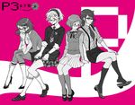  aegis_(persona) bag bespectacled bookbag bow bowtie bracelet cardigan crossed_legs dress_shirt fashion fishnet_pantyhose fishnets flower glasses hair_ornament hairband hairclip high_heels jewelry kirijou_mitsuru kneehighs knees koremi2 legs loafers long_hair long_sleeves mary_janes miniskirt mole monochrome multiple_girls necktie open_clothes open_shirt pantyhose persona persona_3 pink_background plaid school_uniform shirt shoe_dangle shoes short_hair sitting skirt sleeves_folded_up sleeves_rolled_up socks striped suspenders sweater sweater_vest takeba_yukari unbuttoned watch wristwatch yamagishi_fuuka 