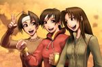  3girls :d bangs brown_eyes brown_hair chitose_kei clenched_hands dated gloves headband hood hood_down hoodie justice_gakuen kasugano_sakura long_hair long_sleeves looking_at_another multiple_girls omar_dogan open_mouth parted_bangs shiritsu_justice_gakuen short_hair smile street_fighter sweater teeth tongue upper_body v very_short_hair wakaba_hinata yellow_background zipper 