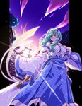  blue_skirt buttons detached_sleeves frog_hair_ornament green_eyes green_hair hair_ornament highres kochiya_sanae light_rays long_sleeves magic nontraditional_miko skirt solo standing takana_shinno touhou vest 