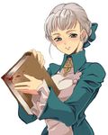  alice_elliot artist_request blood blood_splatter blue_eyes blush book collar holding holding_book long_sleeves looking_at_viewer shadow_hearts silver_hair simple_background solo white_background 