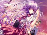  1girl bag hair_ribbon long_hair okonogi_noi original purple_hair red_eyes ribbon satchel school_bag school_uniform wind_turbine windmill 