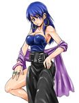  akogi arc_the_lad arc_the_lad_ii bare_shoulders blue_eyes blue_hair breasts cleavage earrings jewelry lowres medium_breasts shante_(arc_the_lad) simple_background solo white_background 