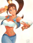  arabian_clothes bandeau blue_eyes bracelet breasts brown_hair cleavage dancer dark_skin finger_cymbals jewelry large_breasts long_hair looking_away midriff navel necklace omar_dogan ponytail pullum_purna shirt smile solo street_fighter street_fighter_ex_(series) taut_clothes taut_shirt vest 