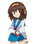  blue_sailor_collar brown_hair fuchsia holding holding_poke_ball kita_high_school_uniform long_sleeves lowres medium_hair parody poke_ball poke_ball_(generic) pokemon sailor_collar school_uniform serafuku simple_background solo style_parody suzumiya_haruhi suzumiya_haruhi_no_yuuutsu white_background 