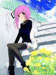  ankle_boots black_legwear blue_sky boots cloud day long_sleeves looking_at_viewer matsumate original outdoors pink_hair railing red_eyes short_hair sky solo stairs thighhighs zettai_ryouiki 