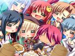  =_= ahoge bachou bamboo_steamer baozi beret black_hair blonde_hair blue_hair blush cat_hair_ornament chopsticks chouhi chouun everyone fangs food game_cg hair_ornament hat kan'u katagiri_hinata koihime_musou kouchuu multiple_girls o_o purple_hair red_hair ryofu shokatsuryou tiger 