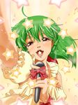  ahoge beamed_eighth_notes beamed_sixteenth_notes blush bow eighth_note face foreshortening green_hair half_note holding macross macross_frontier microphone musical_note naruse open_mouth quarter_note ranka_lee red_eyes short_hair solo star 