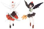  animal_ears black_hair black_wings fan hat hauchiwa inubashiri_momiji kazune_(baumkuchen) multiple_girls red_eyes shameimaru_aya shield sword tail touhou weapon white_hair wings wolf_ears wolf_tail 