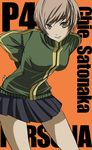  bent_over black_skirt brown_eyes brown_hair character_name copyright_name long_sleeves looking_at_viewer miniskirt persona persona_4 pleated_skirt satonaka_chie short_hair skirt solo soraya standing tomboy 