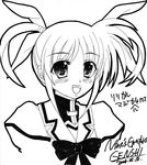  :d artist_request blush bow bowtie collar dated eyebrows eyebrows_visible_through_hair greyscale lyrical_nanoha magical_girl mahou_shoujo_lyrical_nanoha monochrome open_mouth sidelocks simple_background smile solo takamachi_nanoha tareme twintails uniform upper_body white_background 