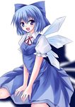  bad_id bad_pixiv_id blue_dress blue_hair blush bow cirno dress hair_bow neck_ribbon open_mouth ribbon short_hair sitting smile solo touhou utakata_(kochou_no_yume) v_arms wings 