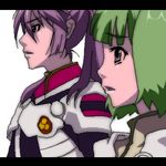  1girl green_hair lowres macross macross_frontier ranka_lee red_eyes saotome_alto short_hair suzuki_(company) suzuki_sakanaya 