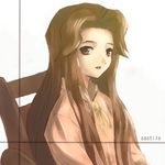 :d artist_request brown_eyes brown_hair castille_(phantom_brave) chair light_smile lips long_hair looking_at_viewer lowres open_mouth parted_lips phantom_brave simple_background smile solo upper_body very_long_hair white_background 