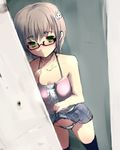  blush glasses green_eyes matsumate original panties skirt skirt_lift solo thighhighs underwear 