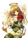  angel blonde_hair halo instrument long_hair okonogi_noi original solo sword thighhighs trumpet weapon wings yellow_eyes 