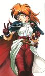  90s araizumi_rui armor cape earrings gloves headband highres jewelry lina_inverse orange_hair pauldrons slayers solo sword v weapon 
