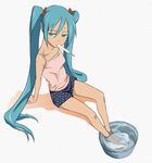  alternate_costume aqua_eyes aqua_hair arm_support arms_behind_back bangs bare_shoulders barefoot breasts camisole eating food from_above full_body hair_between_eyes hair_ornament half-closed_eyes hatsune_miku legs long_hair looking_at_viewer mouth_hold polka_dot popsicle rato shadow short_shorts shorts simple_background sitting small_breasts soaking_feet solo sweat tub twintails very_long_hair vocaloid washbowl water white_background 