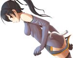  ass bangs blue_gloves blue_legwear blue_leotard blush breasts cowboy_shot dutch_angle elbow_gloves from_side gloves hair_between_eyes hair_ribbon harak high_ponytail ichijou_eika leotard looking_at_viewer medium_breasts motion_slit pilot_suit ponytail profile red_eyes ribbon simple_background sky_girls solo thighhighs white_background 