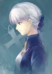  alice_elliot bla_(artist) blue_eyes bow cross faux_traditional_media hair_bow jewelry necklace profile shadow_hearts short_hair silver_hair solo 