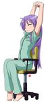  arms_up barefoot chair full_body hiiragi_kagami lucky_star nagian pajamas purple_hair simple_background solo stretch white_background 