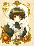  brown_eyes brown_hair hat maid okonogi_noi original short_hair solo teapot 