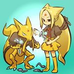  bent_spoon blonde_hair costume gen_1_pokemon hitec holding holding_spoon kadabra long_hair moemon personification pokemon pokemon_(creature) skirt spoon spoon_bending telekinesis 