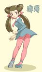  brown_hair dress gym_leader hair_pulled_back legs long_hair looking_back pantyhose pink_eyes pink_legwear pokemon pokemon_(game) pokemon_rse powudon short_dress solo tsutsuji_(pokemon) twintails 