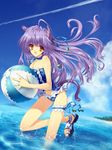  animal_ears ball beachball bell casual_one-piece_swimsuit cat_ears garters hair_ribbon long_hair okonogi_noi one-piece_swimsuit original purple_hair ribbon solo swimsuit tail water yellow_eyes 