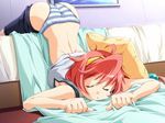  artist_request ass bed bed_sheet breast_press breasts closed_eyes game_cg hairband marihara_chiho medium_breasts messy_hair niji_no_kanata_ni panties pink_hair reference_work short_hair sleeping solo striped striped_panties top-down_bottom-up underwear 