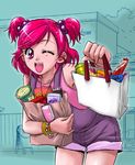  ;d bag bent_over eyelashes groceries grocery_bag hair_bobbles hair_ornament looking_at_viewer one_eye_closed open_mouth pink_eyes pink_hair precure red_eyes red_hair shopping_bag short_hair smile solo sugame_(himitsu_kichi) two_side_up yes!_precure_5 yumehara_nozomi 