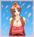  arc_the_lad arc_the_lad_iii artist_request blue_background blush border breasts brown_hair cleavage collarbone dress heart jewelry large_breasts long_sleeves looking_at_viewer marsia_(arc_the_lad) necklace pendant petals ponytail red_dress red_eyes short_hair simple_background solo 