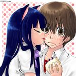  1girl animal_ears blue_hair blush bow brown_eyes brown_hair cat_ears closed_eyes furude_rika higurashi_no_naku_koro_ni hinata_(binderclip01) licking lowres maebara_keiichi school_uniform sweat 