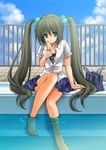  bag barefoot blue_eyes brown_hair cloud day feet food head_tilt kagetsu_suzu long_hair looking_at_viewer original outdoors pleated_skirt pool poolside popsicle railing ripples school_uniform sitting skirt sky soaking_feet solo twintails very_long_hair water 