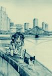  bridge cat city copyright_request green kneeling monochrome murasaki-no solo twintails 
