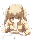  :&gt;= blonde_hair eating looking_at_viewer solo suzumiya_haruhi_no_yuuutsu tachibana_kyouko tokyo_(great_akuta) twintails yellow_eyes 