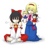  :t :x alice_margatroid angry black_hair blonde_hair blue_eyes character_doll closed_eyes detached_sleeves fume hairband hakurei_reimu hand_puppet indian_style kneeling lysander_z multiple_girls pout puppet short_hair sitting socks touhou v_arms 