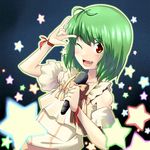  \m/ ahoge bad_id bad_pixiv_id blush fang green_hair macross macross_frontier microphone pirlo ranka_lee red_eyes seikan_hikou short_hair solo space star 