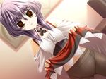  amano_rinne crotch_seam game_cg navel panties panties_under_pantyhose pantyhose pantyshot pot_rondo_for_dears purple_hair sakaki_maki skirt skirt_lift solo underwear waitress yellow_eyes 