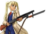  bayonet blonde_hair blue_eyes dark_skin focke_(artist) formal gun gunslinger_girl long_hair necktie pant_suit shotgun solo suit trench_coat triela twintails waistcoat weapon winchester_model_1897 