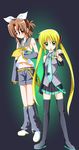  cosplay folded_ponytail hatsune_miku hatsune_miku_(cosplay) hayate_no_gotoku! highres kagamine_rin kagamine_rin_(cosplay) maria_(hayate_no_gotoku!) multiple_girls non-web_source pointing sanzen'in_nagi thighhighs twintails vocaloid 