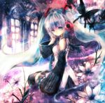  bug butterfly detached_sleeves flower hatsune_miku headphones insect long_hair looking_back lowres necktie onineko sitting solo twintails vocaloid 