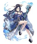  aqua aqua_fire between_legs blue_hair bone breasts collar earrings fire floral_print full_body gun hair_over_one_eye japanese_clothes jewelry ji_no kaguya_hime_(sinoalice) kimono large_breasts long_hair looking_at_viewer nail_polish off_shoulder official_art platform_footwear rifle sandals sinoalice skull socks solo source_request transparent_background weapon 