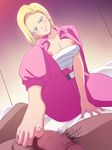  1girl android_18 areolae barefoot bed belt blonde_hair blue_eyes blush breasts censored clothed_female_nude_male dragon_ball dragon_ball_z dragonball_z earrings engawa_suguru erodon_hearts feet footjob highres jewelry large_breasts legs looking_at_viewer lying mosaic_censoring nipples open_clothes penis pubic_hair sarashi short_hair sitting smile solo_focus thighs toes 